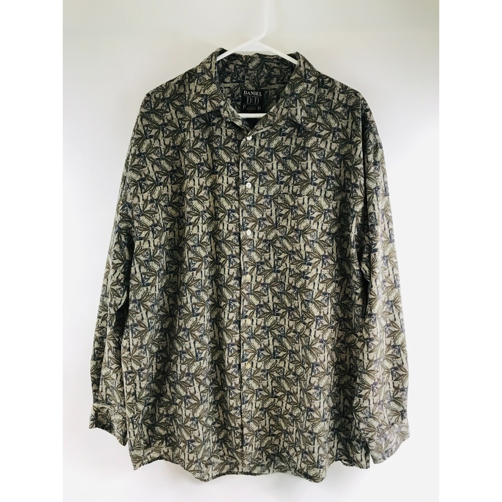 Daniel David Shirt Men's Size XL Brown Tan Long Sleeve Button Up Leaves Pattern